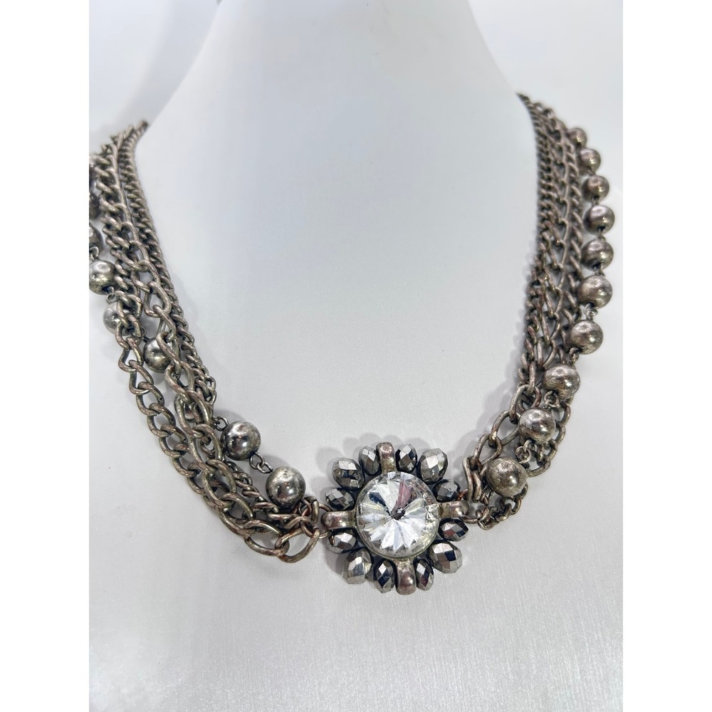 Vintage Silver Tone Multi Strand Statement Necklace Rhinestone Pendant 18" Boho